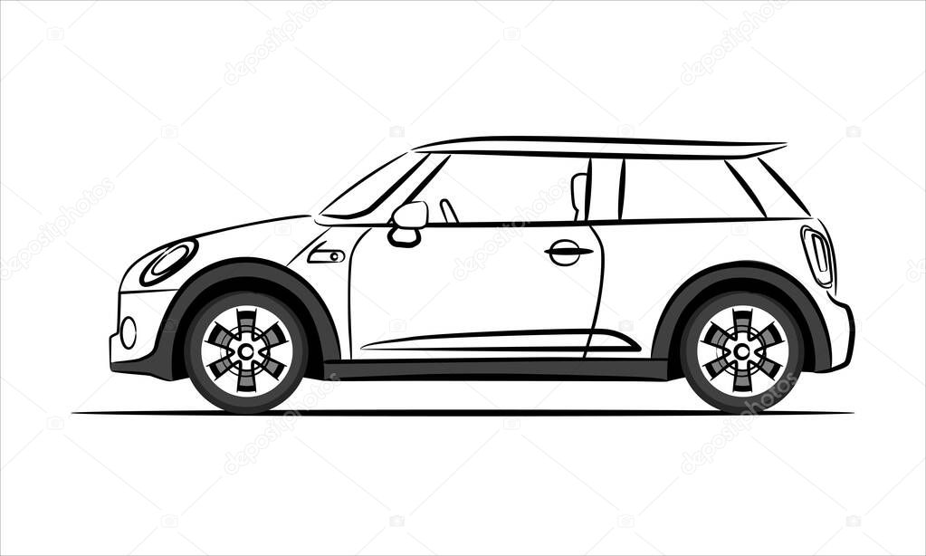 Modern subcompact city car, abstract silhouette on white background. Side view of a micro car. Raster car icon for transportation illustrations.