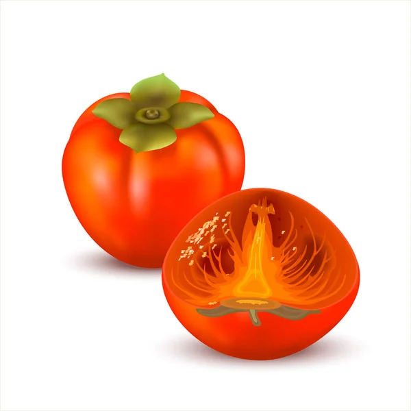 Een Hele Persimmon Vrucht Een Gesneden Helft Realistische Stijl Tropische — Stockfoto