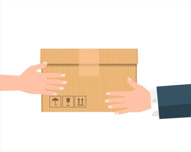 Teslimatçının elleri mukavva paketi müşteriye veriyor. Paketi teslim etmek, hızlı adres teslimat servisi konsepti. Raster illüstrasyon EPS 10