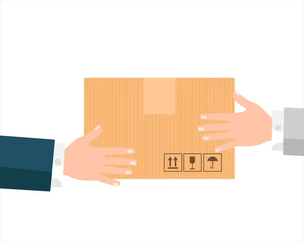 Delivery Man Hands Giving Cardboard Package Client Handing Parcel Fast — Vetor de Stock