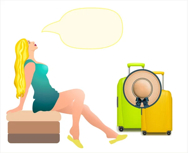 Young girl in short dress sitting on a couch. Beautiful blonde woman  in a green short dress dreaming about vacation. Near the girl are two travel bags and straw hat. Speech bubble above girl\'s head.