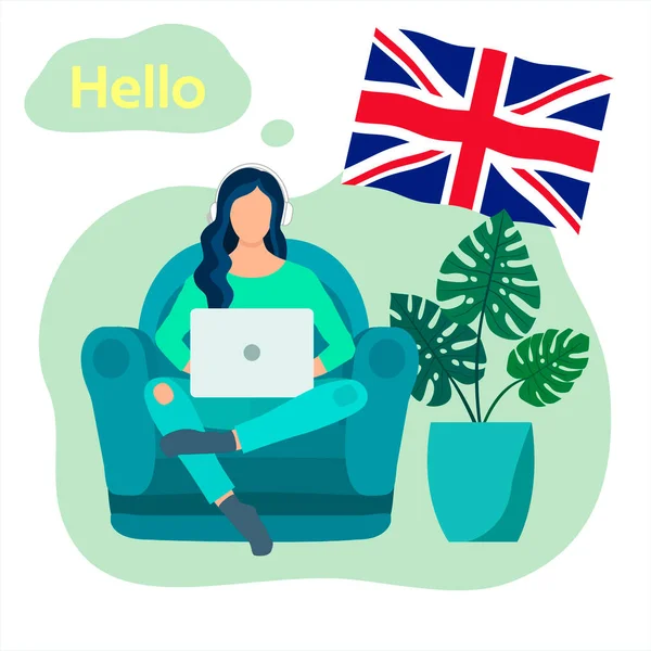 A young woman in headphones is studying English. English language video online distance learning on laptop. British flag in the background. Raster flat style illustration. Online language school.