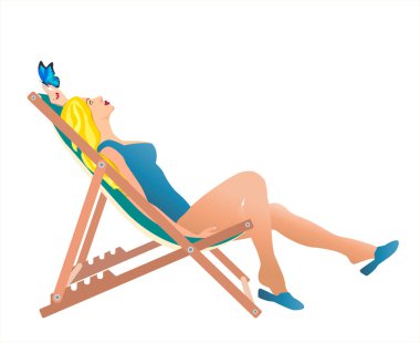  Güverte sandalyesinde oturan kız beyaz bir arka planda izole edilmiş. Mavi mayolu sarışın kadın güneş pansiyonunda uzanıyor. Vektör illüstrasyonu