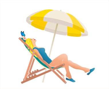Sahildeki şemsiyenin altında beyaz arka planda izole bir şekilde oturan kız. Mavi mayolu sarışın kadın güneş pansiyonunda uzanıyor. Vektör illüstrasyonu