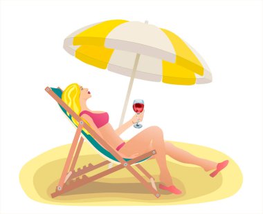 Girl in a red bathing suit lying on a chaise lounge. Rest on the sea. A woman holds a glass of wine in her hand. Summer vacation. Sandy beach isolated on white.