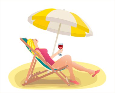 Girl in a red bathing suit lying on a chaise lounge. Rest on the sea. A woman holds a glass of wine in her hand. Summer vacation. Sandy beach isolated on white.