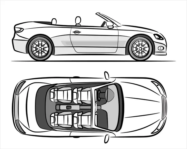 現代のスポーツカーカブリオレ 白地に抽象的なシルエット 手描きのモダンなスーパーカーシルエット 車のアイコンは 側と上から表示されます ベクターイラスト — ストックベクタ