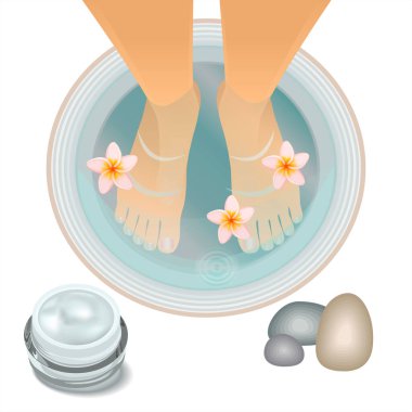 Beyaz arka planda leğen içinde güzel kadın bacakları. Isınan ayak banyosu. Hijyenik krem. Ayak kremli cam kavanoz. Vektör illüstrasyonu EPS 10