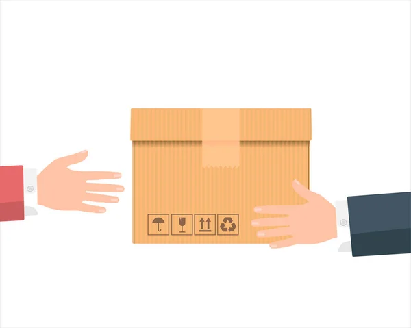 Delivery man`s hands giving cardboard package to client. Handing over parcel, fast address delivery service concept. Flat style.