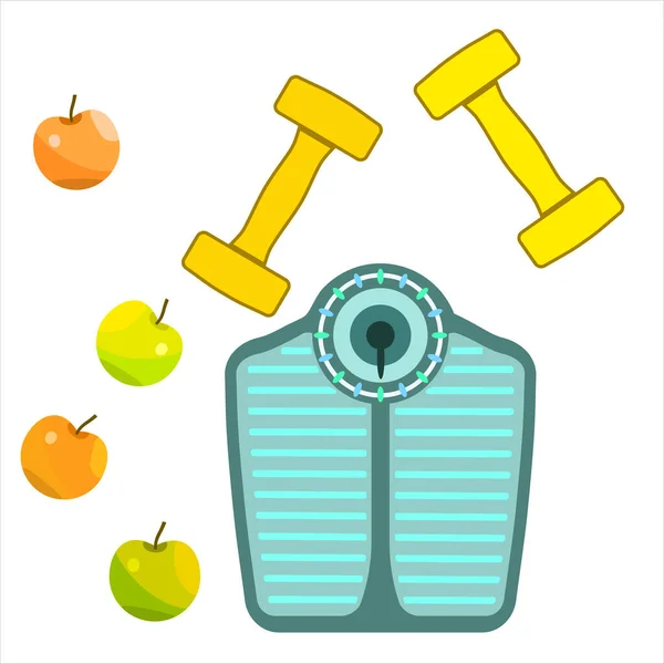 Bathroom Scale Blue Back Lighting Apples Dumbbells Fitness Diet Losing — Image vectorielle