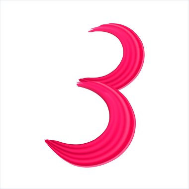 Gerçekçi kırmızı fırça darbelerinin 3 numarası. Beyaz arka planda izole edilmiş sayılar. Koyu pembe boyayla yazılmış üç numaralı leke. Vektör illüstrasyonu EPS 10
