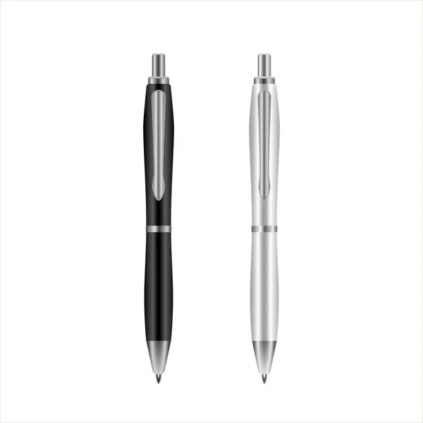 Black White Ballpoint Pens Isolated White Background Vector Illustration School — ストックベクタ
