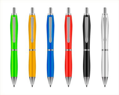Set colored ballpoint pens isolated on white background. School supplies. Red, blue, yellow and green ballpoint pens. Realistic writing utensils for advertising