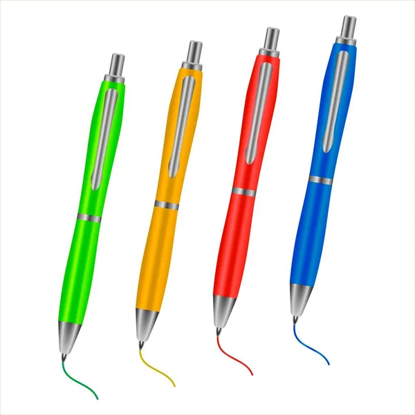 Colored Ballpoint Pens Isolated White Background Vector Illustration School Supplies — Stockvektor