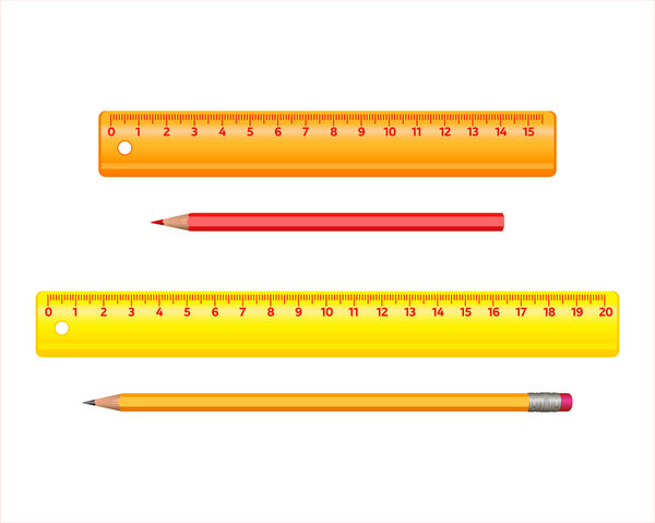 Pencils and rulers isolated on white background. Collection of stationery. For educational, business concepts. Vector illustration with school supplies.