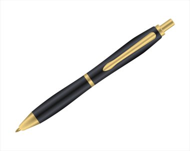 Black ballpoint pen with gold details  isolated on white background,  realistic illustration. Mock-up school supplies for advertising