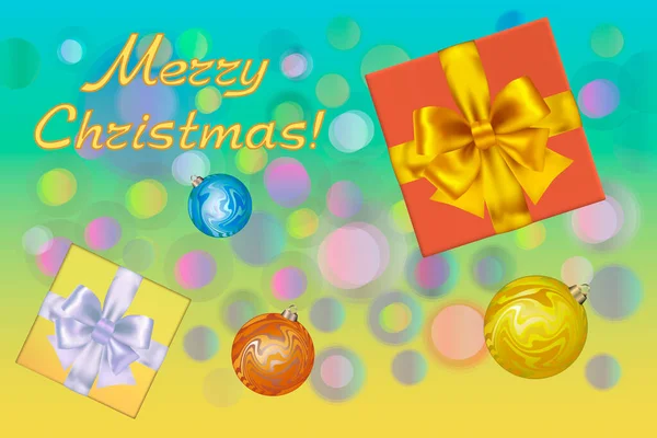 Xmas design of realistic gifts box, colored balls and glitter gold ribbons. Blue and yellow background, bokeh spreading into light and soft circles alternately beautiful. Horizontal Christmas banner.