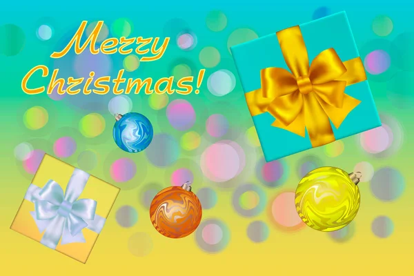 Xmas design of realistic gifts box, colored balls and glitter gold ribbons. Blue and yellow background, bokeh spreading into light and soft circles alternately beautiful. Horizontal Christmas banner.