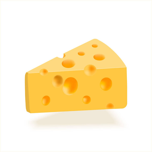 Emmental hard cheese slice, triangular piece with holes. Dairy product. Realistic 3D food. Delicious Swiss cheese. Realistic  illustration isolated on white background