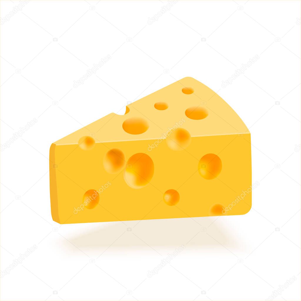 Emmental hard cheese slice, triangular piece with holes. Dairy product. Realistic 3D food. Delicious Swiss cheese. Realistic  illustration isolated on white background