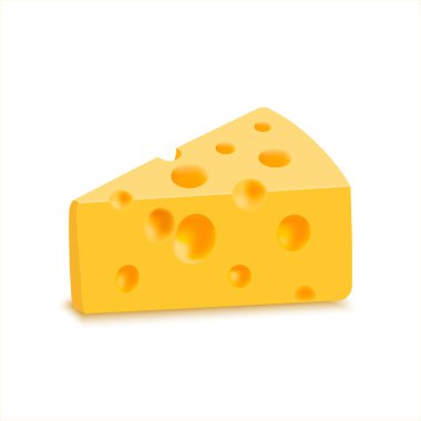 Emmental hard cheese slice, triangular piece with holes. Dairy product. Realistic 3D vector. Delicious swiss cheese. Realistic vector illustration isolated on white background