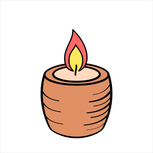 Burning aroma candle in a pottery jar isolated on white background.   Flat icon for web sites. Aromatherapy, design element for cards, logos.