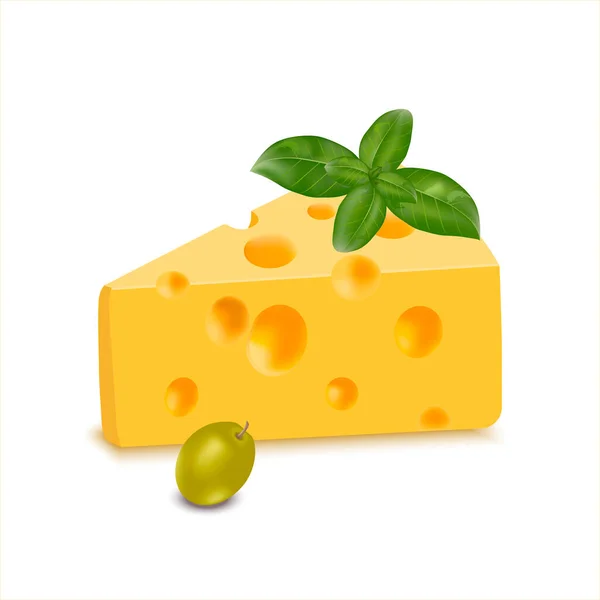 Emmental hard cheese slice, triangular piece with holes. Dairy product. Delicious swiss cheese. Basil leaf on a piece of cheese. Realistic illustration isolated on white background