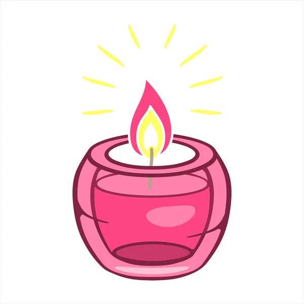 Burning aroma candle in a glass jar of pink isolated on white background. Aromatherapy, design element for cards, logos.