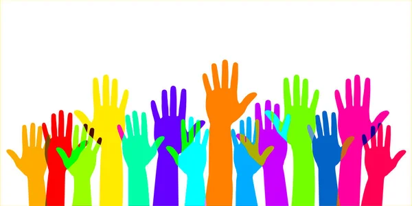 Beyaz Arka Planda Izole Edilmiş Renkli Gönüllü Kalabalık Elleri Birçok — Stok Vektör