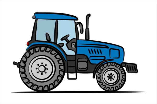 Arte Dibujado Mano Tractor Azul Tractor Ruedas Vista Lateral Ilustración — Archivo Imágenes Vectoriales