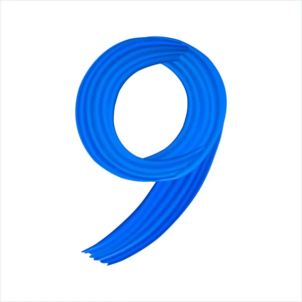 9号现实的蓝色画笔笔画 在白色背景上孤立的数字 九号用蓝色油漆涂过的污迹 — 图库照片