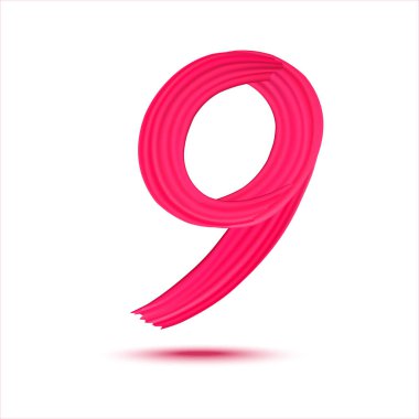 Gerçekçi kırmızı fırça darbelerinin 9 numarası. Beyaz arka planda izole edilmiş sayılar. Kırmızı boyayla yazılmış dokuz numaralı leke. Vektör EPS 10