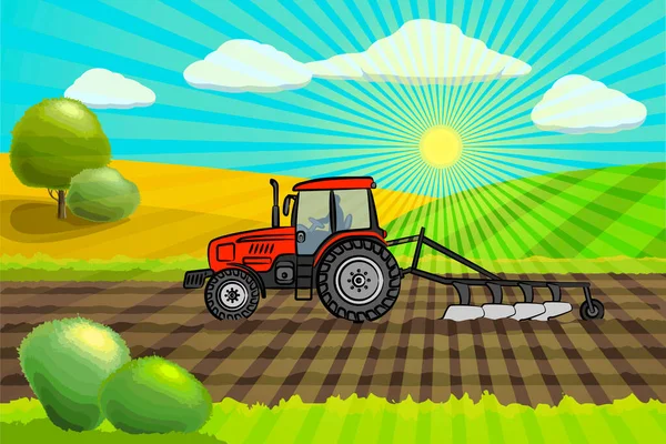 在田里干活的红色拖拉机 拖拉机在山地背景下犁地 土壤培育过程 乡村风景 阳光刺透了整个风景 — 图库矢量图片