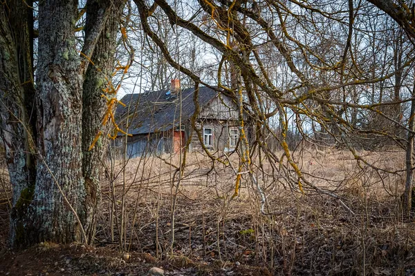 Zicht op een oud verlaten huis door de bomen. — Stockfoto