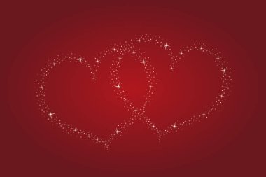Kırmızı arka planda parıldayan iki kalbin vektör çizimi. EPS10.