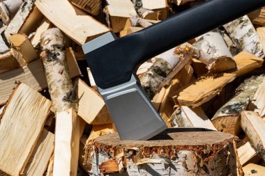 Tahta bir kütüğe saplanmış bir balta, delinmiş kütüklerin arka planına yapışmış..