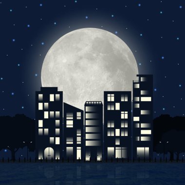Arka planda dolunay ve yıldızların olduğu gece şehri tasviri.