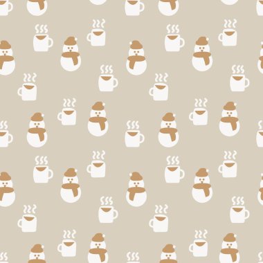 Moda tekstil, el sanatları, markalaşma, pazarlama ve web materyalleri için kahve fincanları ve kardan adamlar kusursuz desenli tasarım
