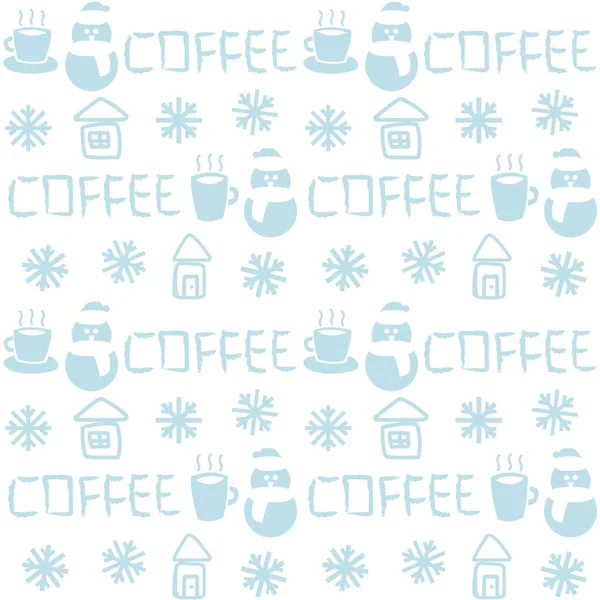 Coffee Cups Snowmen Seamless Pattern Design Texts Fashion Textiles Crafts — Stock vektor