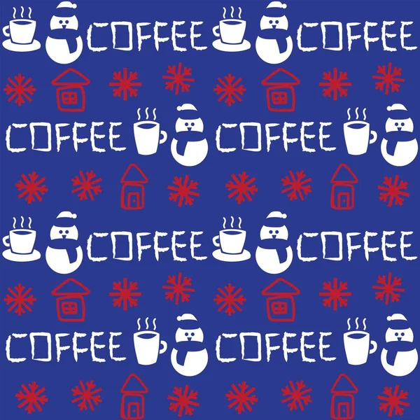 Coffee Cups Snowmen Seamless Pattern Design Texts Fashion Textiles Crafts — Stock vektor