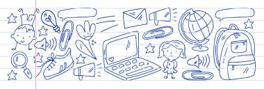 Yaratıcılık ve hayal gücü. Okul ögeleri ile vektör simgeleri.