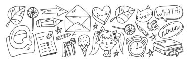 Yaratıcılık ve hayal gücü. Okul ögeleri ile vektör simgeleri.