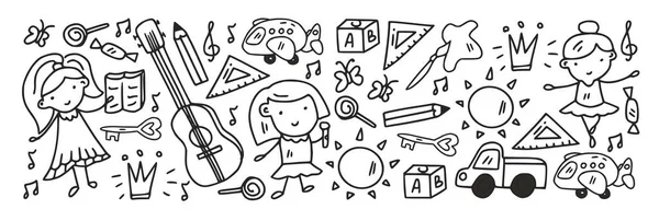 Creatividad e imaginación. Iconos vectoriales con artículos escolares. — Vector de stock
