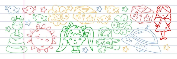 Школьный и детский сад векторный рисунок с маленькими детьми. Девочки и мальчики играют и учатся — стоковый вектор