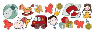 Okul eşyalarıyla vektör simgeleri. Yaratıcılık ve hayal gücü.