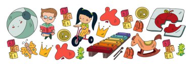 Okul eşyalarıyla vektör simgeleri. Yaratıcılık ve hayal gücü.