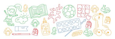 Okul eşyalarıyla vektör simgeleri. Yaratıcılık ve hayal gücü.