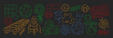 Okul eşyalarıyla vektör simgeleri. Yaratıcılık ve hayal gücü.