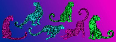 Leopar. Jaguar. Soyut, grafik, neon renkli bir leoparın sanatsal portresi.