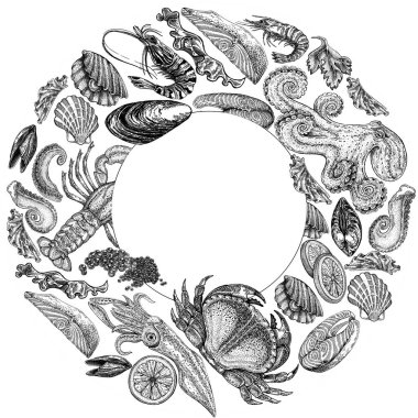 Seafood illustrations. Hand drawn line sea fishes, sushi rolls, oysters, mussels, lobster, squid, octopus, crabs, prawns fish fillet Healthy food natural set